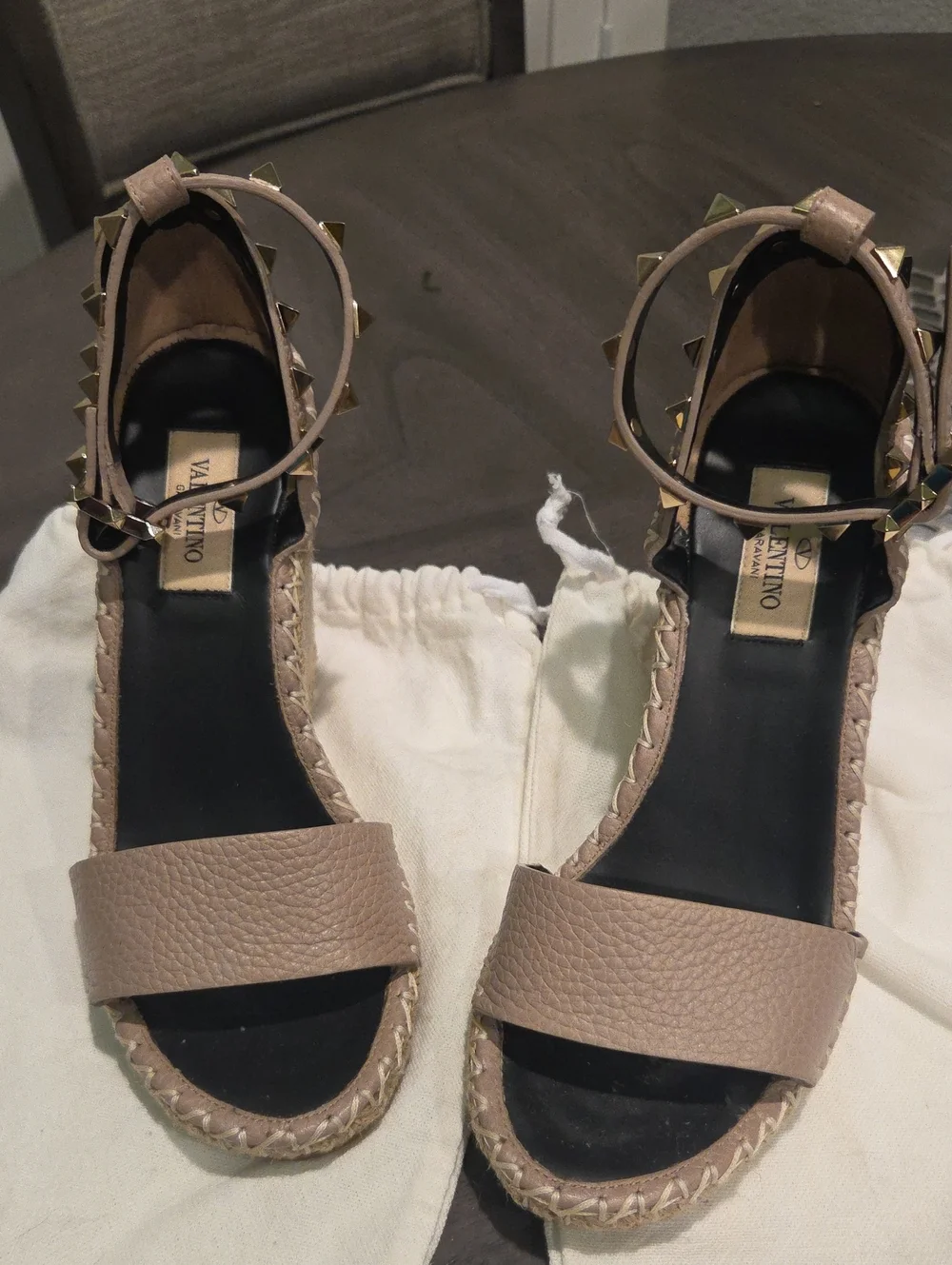 Valentino Beige Rockstud Espadrille Wedge Sandals